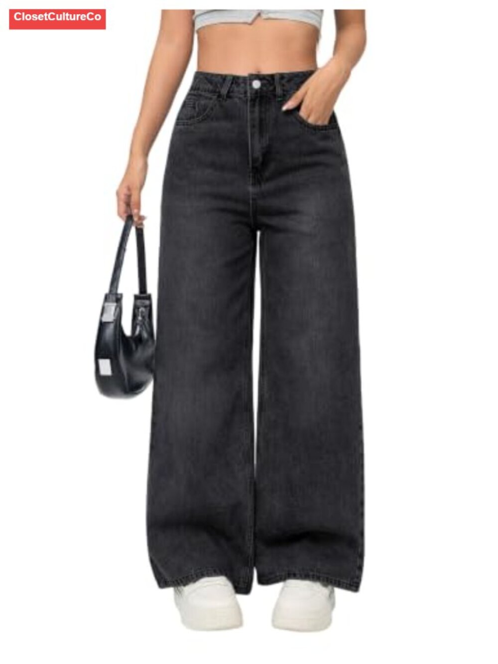 Women's Wide Leg Mid Rise Jeans Non-Stretch Denim Five Pocket